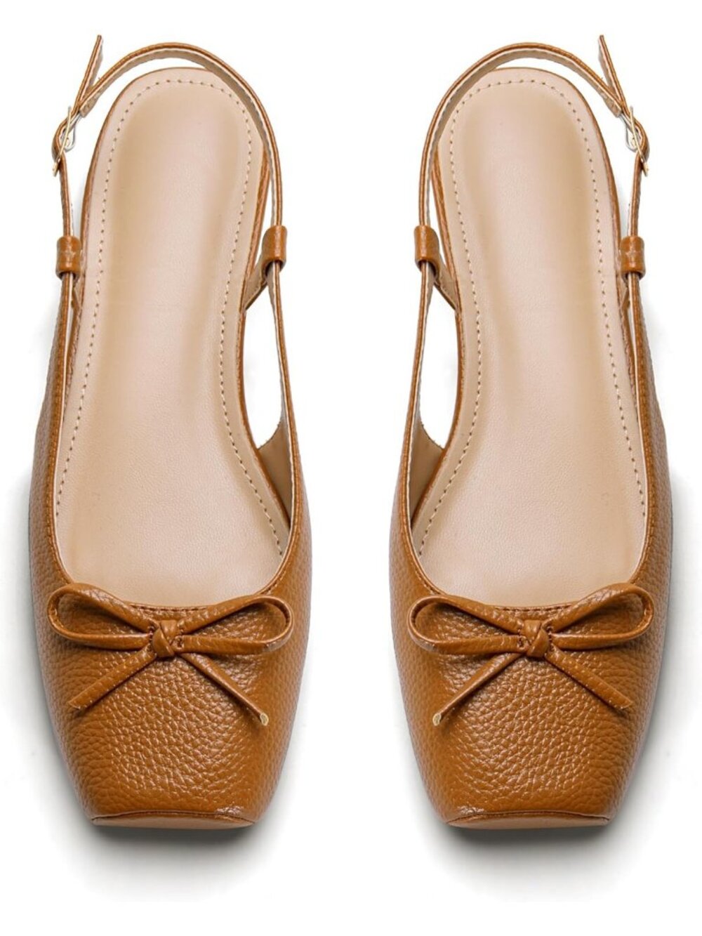 Women's Brown Stone Slingback Square Toe Bow Knit Ankle Buckle Satin Ballet Flat